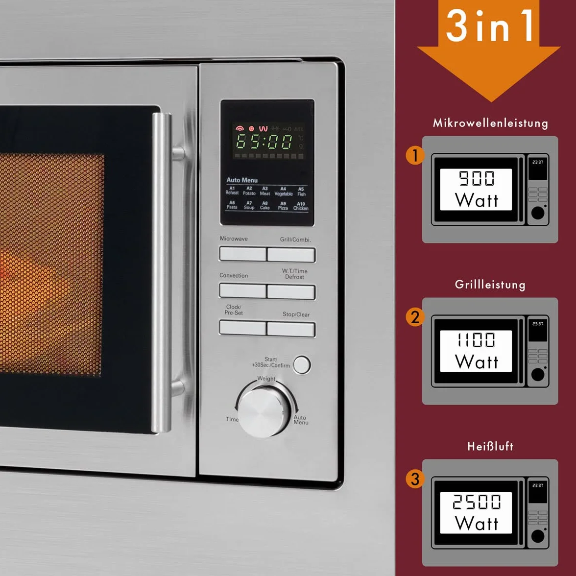 Bomann Einbaumikrowelle mit Grill und Heißluft | 60cm | 900W Mikrowelle | 1100W Grill | 2500W Heißluft | inkl. Grillrost und Drehteller | 25L Einbau Mikrowellengerät | MWG 2216 H EB inox
