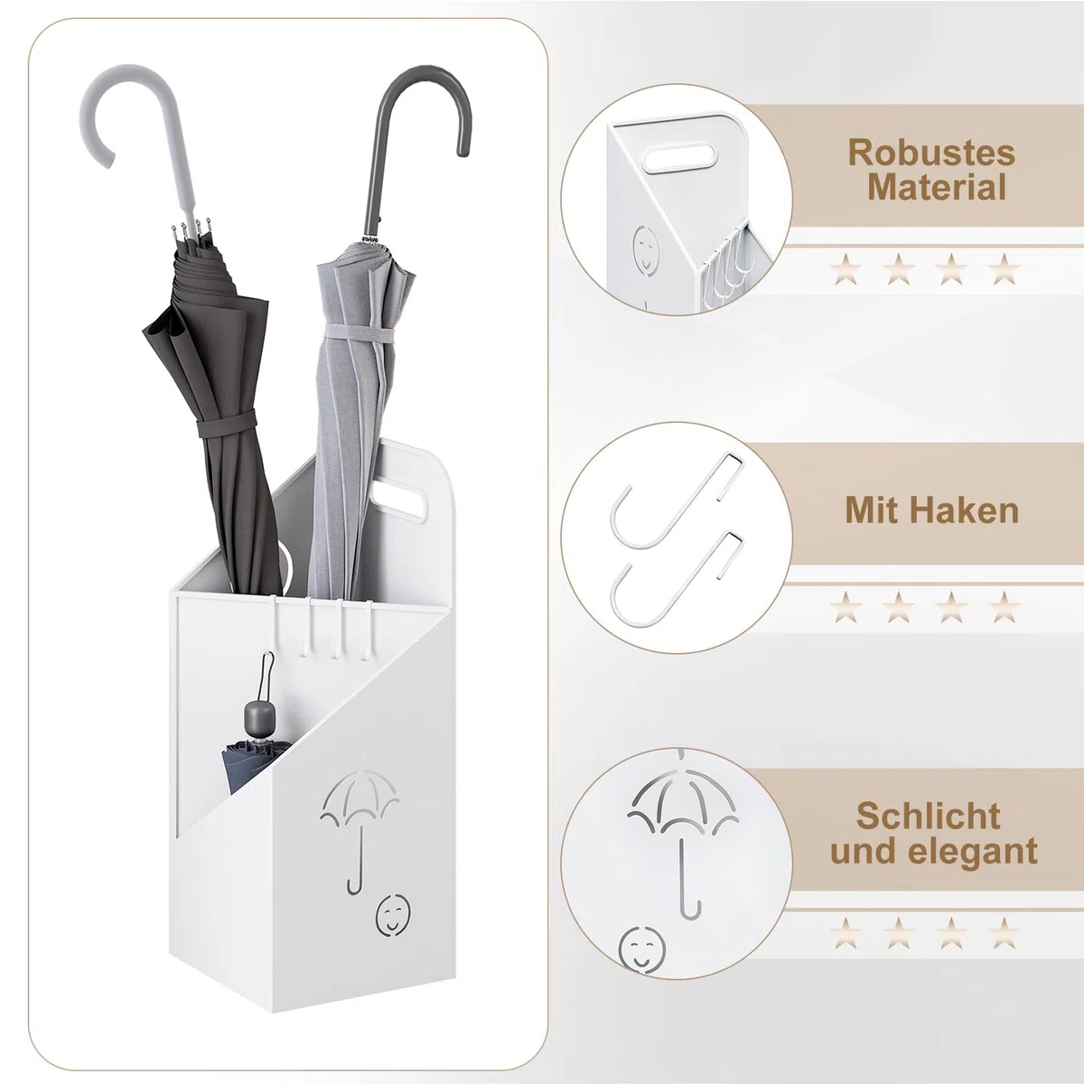 WOLTU Regenschirmständer 2 Slots, Schirmständer Regenschirm, Regenschirmhalter mit Griff, 4 Haken, für Eingangsbereich, 20x49x20 cm, aus Metall, Weiß, SST14ws