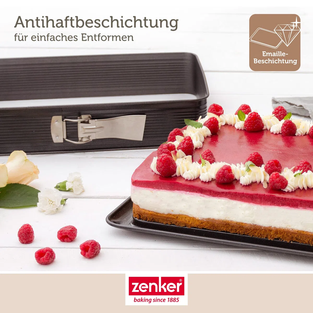 Zenker Deluxe Rechteck-Springform mit Auslaufschutz und Teigschaber – 42 x 29 x 7 cm, Antihaftbeschichtet & schnittfest, Emaille-Boden, Auslaufschutz-Rand, Made in Germany