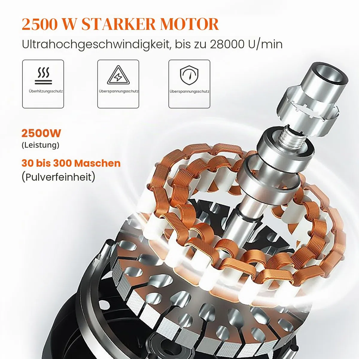 Getreidemühle Elektrisch, 500g Elektrische Getreidemühle Edelstahl Mühle mit 28000rpm Starker Motor High Speed, Mühle Elektrisch 30s Feinmahlung für Küchengetreide Gewürz Mais