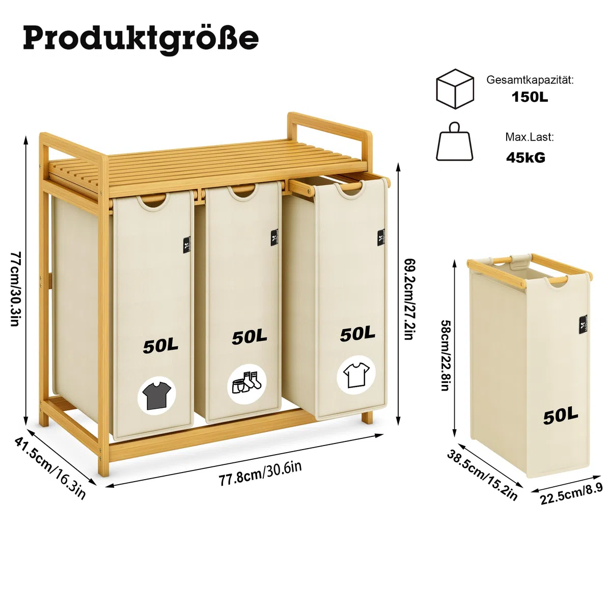 AdelDream Wäschekorb 150L, 3 Fächer Wäschesammler mit Ablage, Bambusrahmen | Wäschesortierer mit 3 x 50L Säcken, ausziehbar abnehmbar, Ablage bis 45 kg, Farbe Beige