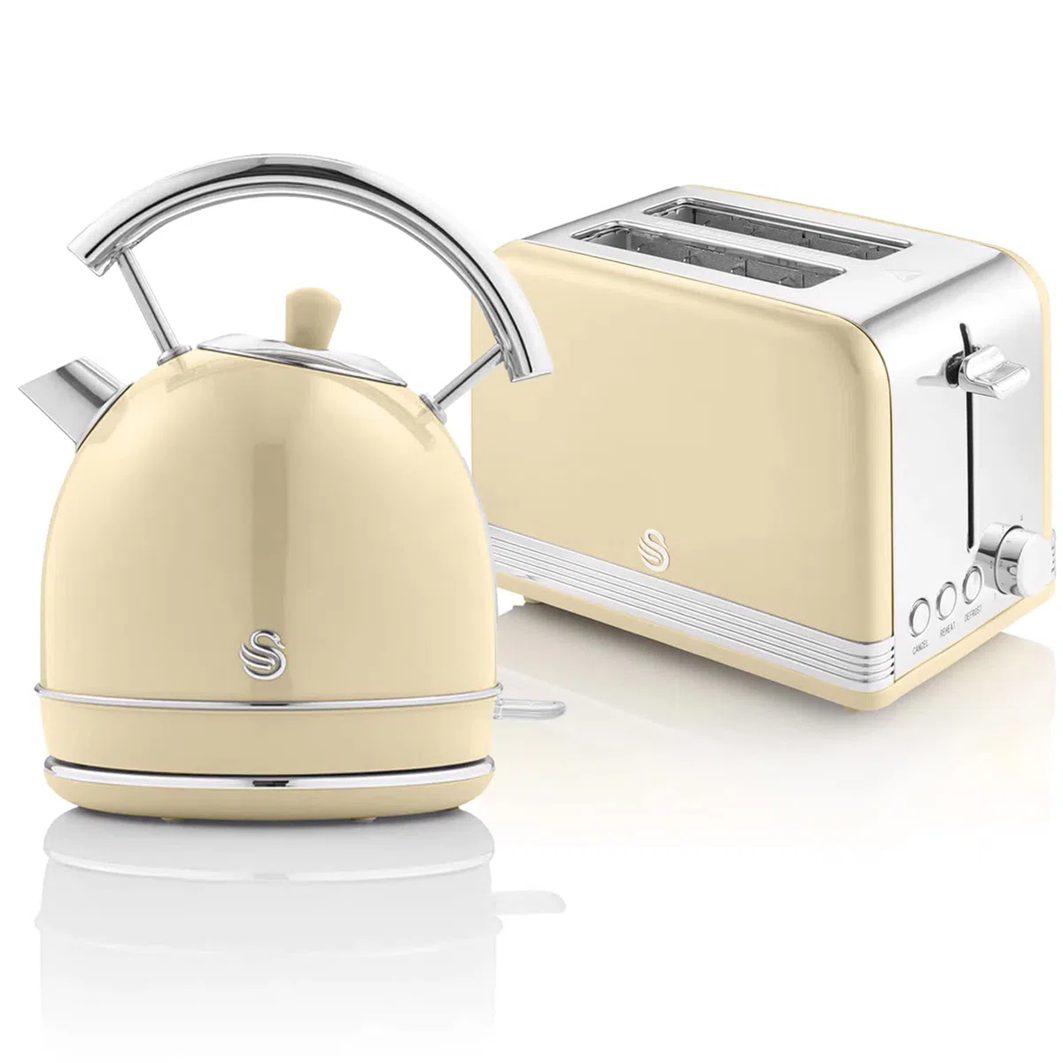 Swan Retro Set Wasserkocher 1,8L Kabellos Toaster 2 Scheiben Vintage Design Creme