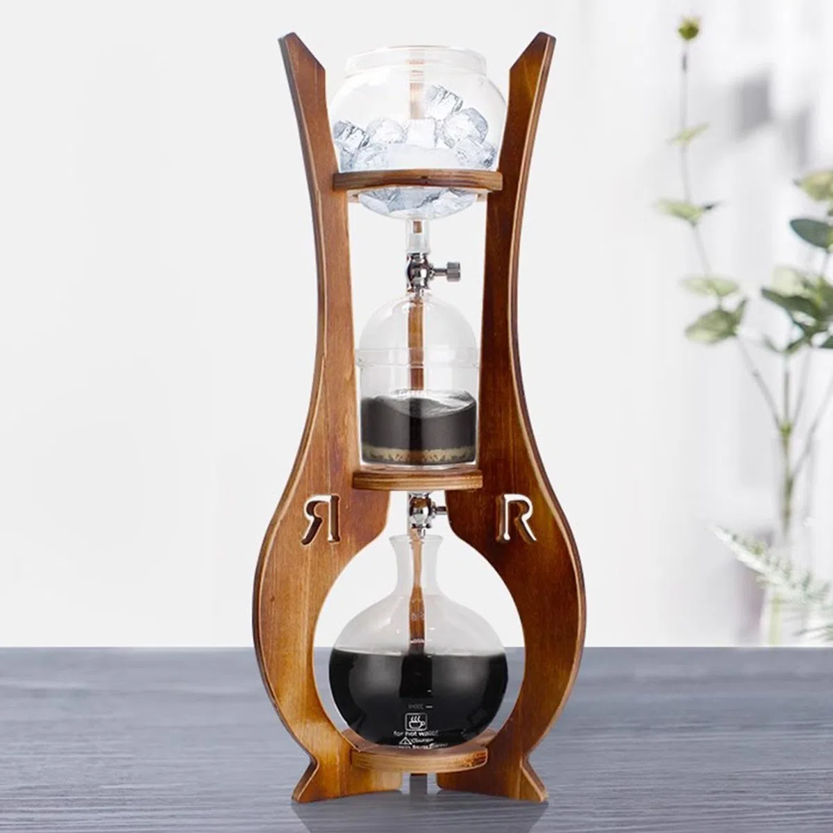 Cold Brew Kaffeeturm, Eisfilterkaffeemaschine Mit Doppelventil – Slow Drip-Technologie, Holzständer, Großes Fassungsvermögen 600 Ml, Für Das Homeoffice
