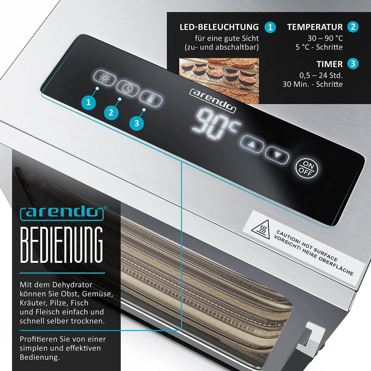 Arendo - Edelstahl Dörrautomat 8 fach - 500 Watt mit Temperaturregler - Dörrgerät für Lebensmittel Fleisch Früchte Obst Pilze - Timer bis zu 24 h - 8 Einlegefächer - GS - Dehydrator