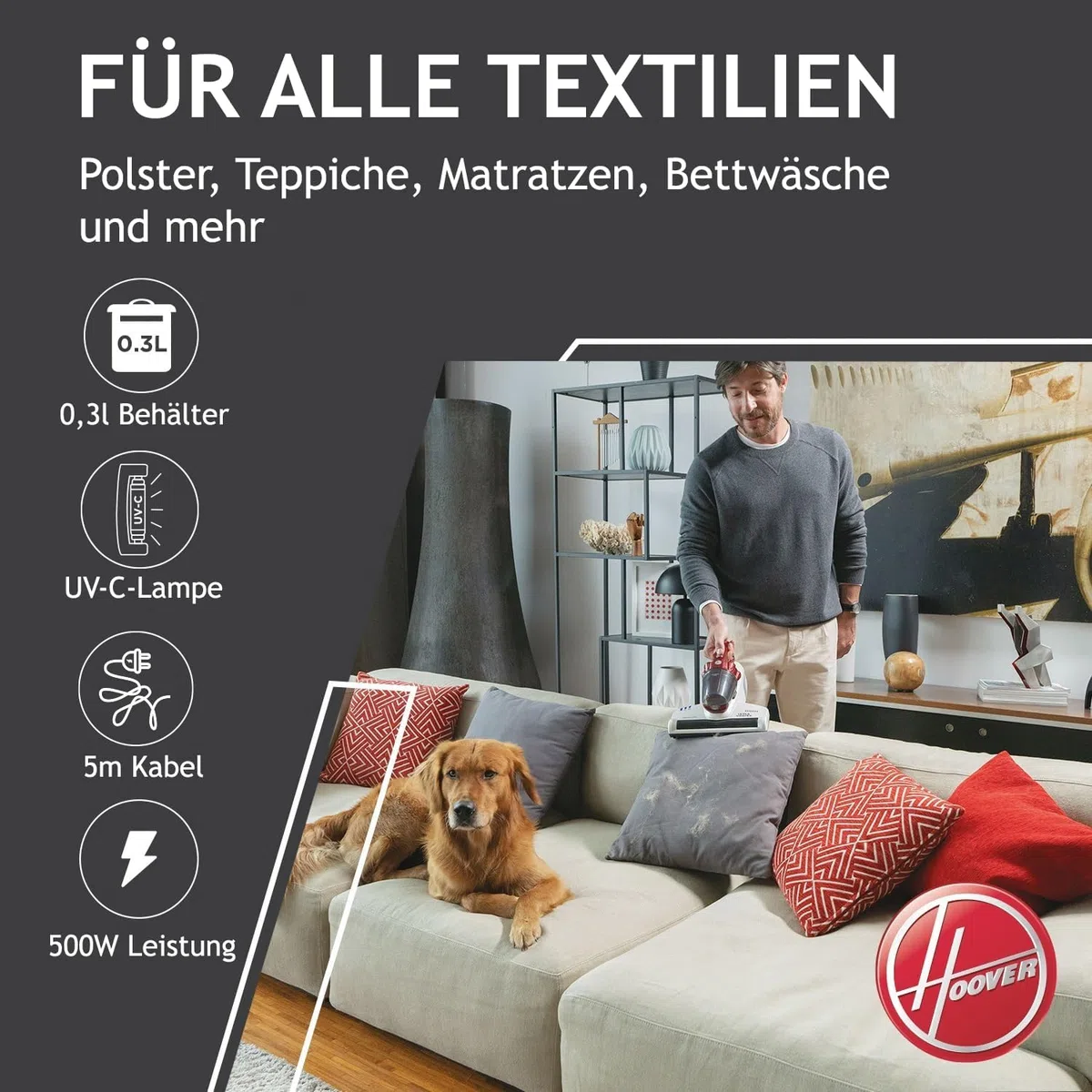 Hoover MBC500 Milbensauger mit UV-Licht, bekämpft Bettwanzen – 3in1 Matratzensauger entfernt 99,9% Bakterien, Allergene, Staub-Milben von Sofas, Polster – Matratzenreiniger für Allergiker