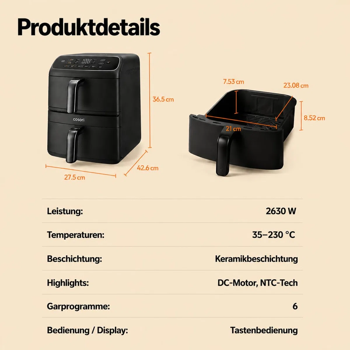 COSORI Airfryer | Turbo Tower Compact | Heißluftfritteuse 2 Kammern Keramikbeschichtung | 8,6L Double Stack mit mehreren Lüfterstufen | 2700W| Schwarz | DC861