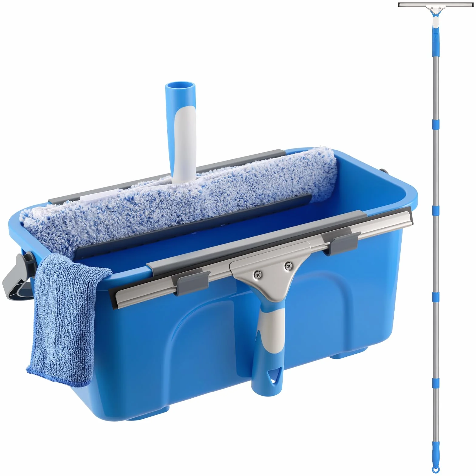 Mitclear Fensterreiniger Set, Profi Fensterputzer mit Eimer 12L, 35CM Fensterwischer & Fenster Einwascher, 196CM Teleskopstiel, Mikrofasertuch, Fensterreinigungsset für Haus, Fenster, Glas, Auto