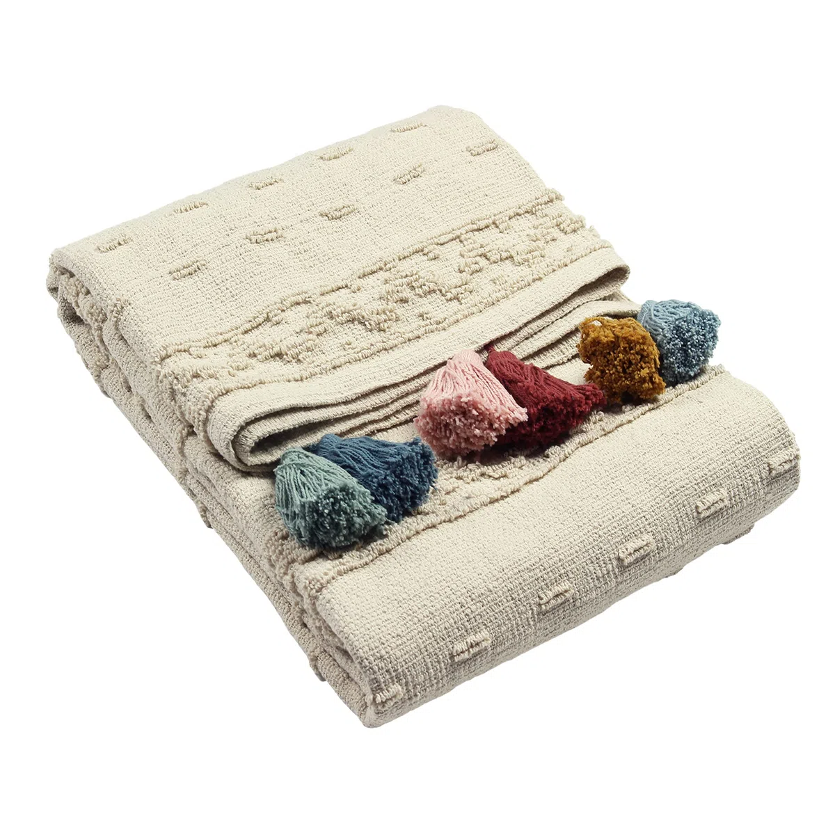 furn. Boho Decke – Getuftete Decke Mit Quasten Aus 100% Baumwolle (Multi - 130x180cm)