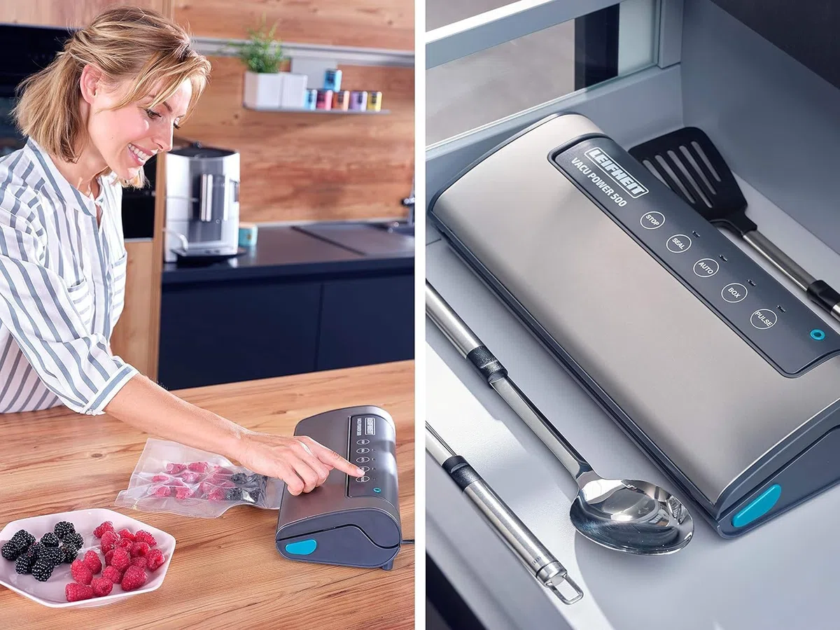 Leifheit Vakuumiergerät Vacu Power 500 Vakuumierer doppelte Schweißnaht Sous-Vide-Garen inkl. 10 Beutel 20x30cm