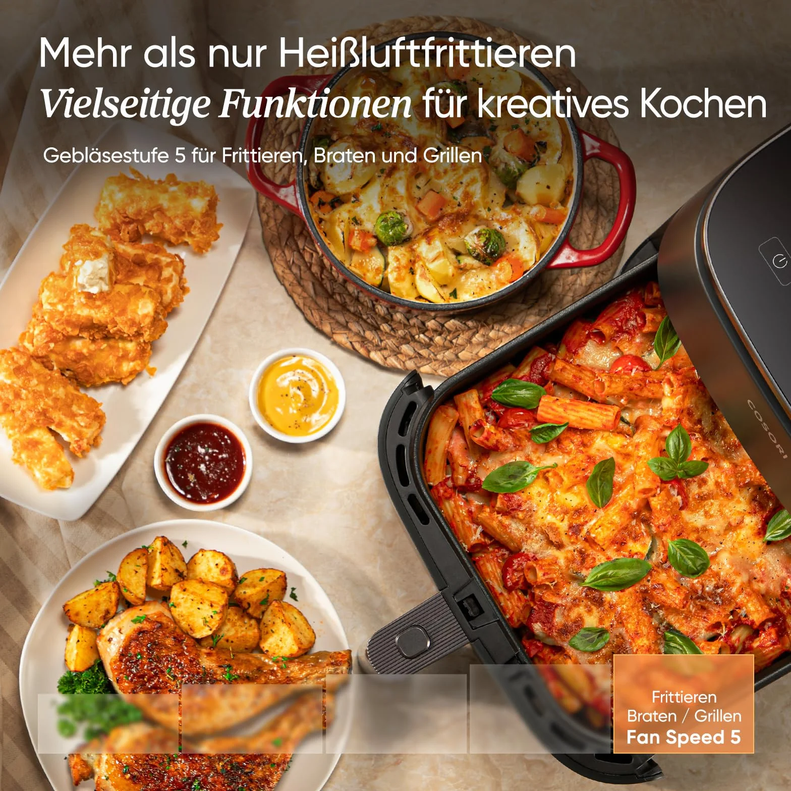 Cosori Turboblaze Airfryer mit Keramikbeschichtung, 9-in-1 Heißluftfritteuse, Backen, Grillen, Braten, Air Fryer XXL 6L, leiser DC Motor mit 5 Gebläsestufen, 87 Rezepte