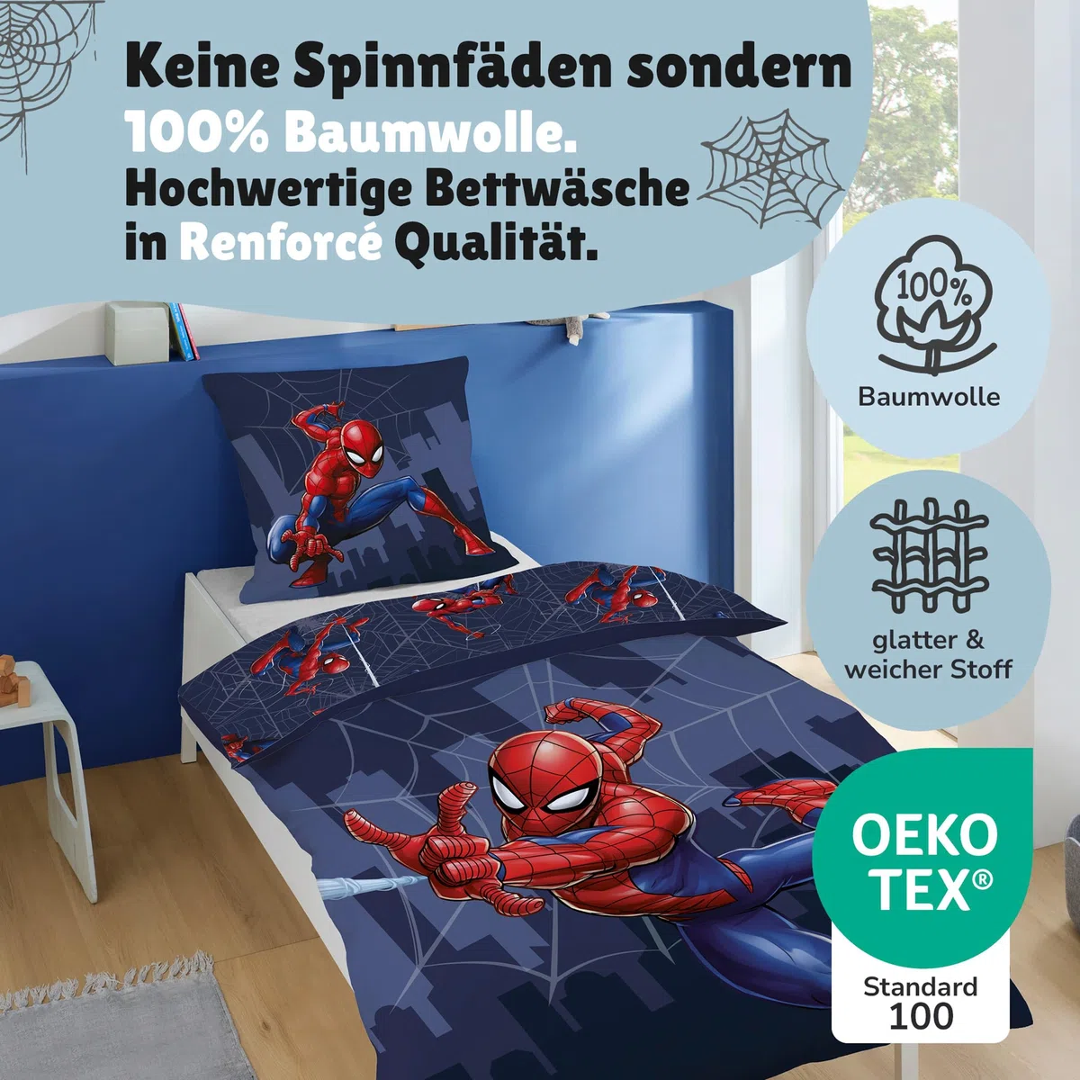 Familando – Marvel Spiderman Bettwäsche Set (2-teilig) – Decken- & Kissenbezug 135x200 cm & 80x80 cm mit Reißverschluss – 100% Baumwolle Renforcé – Wendemotiv mit Spiderman