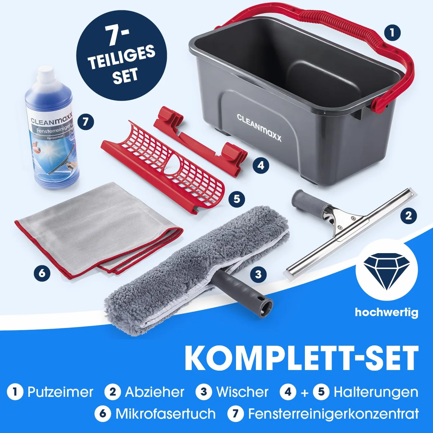 CLEANmaxx Fensterreiniger Set | 7-TLG. Fensterputzer Set für Oberflächen in Haus & Auto - inklusive Fensterabzieher, Fensterwischer, Reiniger, Wischtuch, Eimer und Halterungen für Wischer & Abzieher