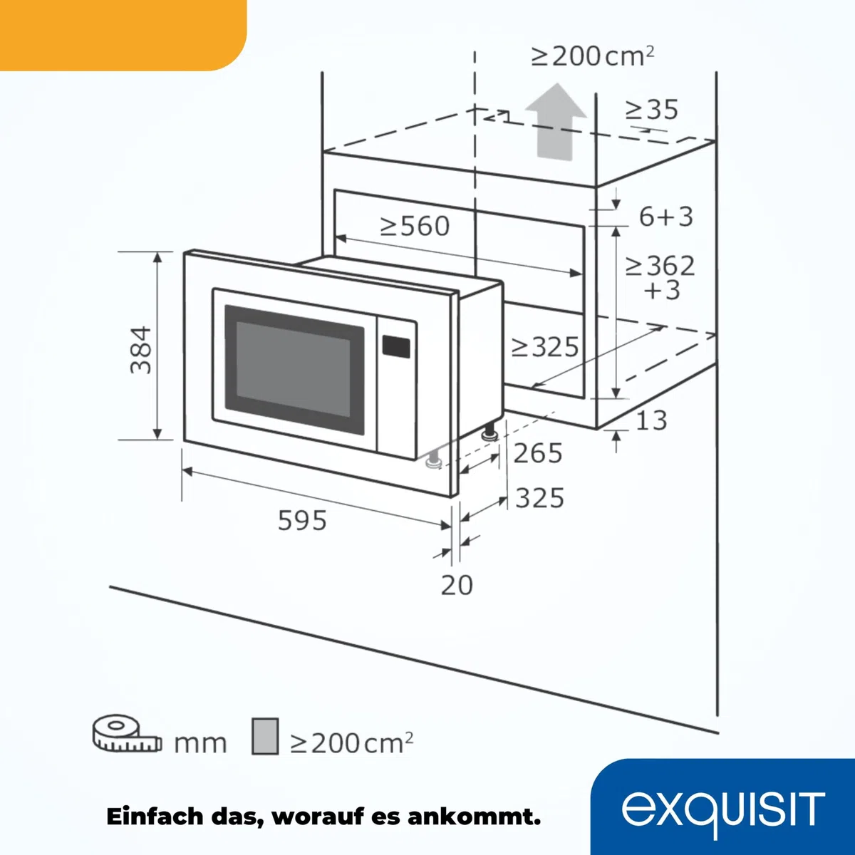 Exquisit Einbaumikrowelle 60 cm - 800 W, 20 L, Edelstahl | Einbaugerät mit 5 Leistungsstufen, 27 cm Drehteller, Auftaufunktion & 35-Min.-Timer – einfache Bedienung