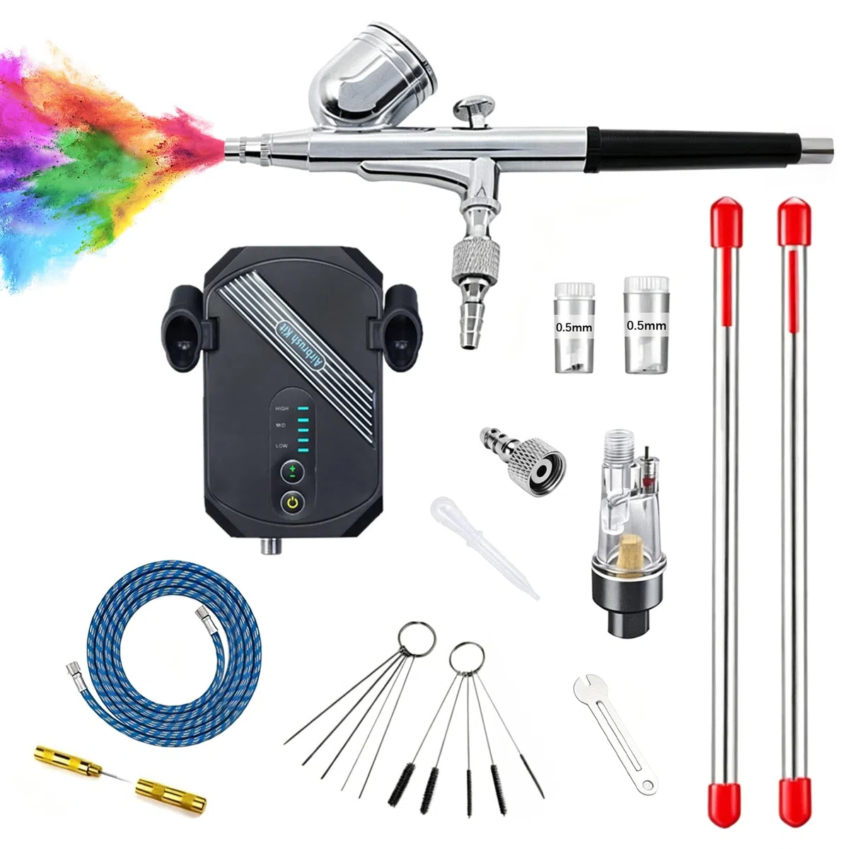 Airbrush Set mit tragbarem Kompressor, 3-stufiger Luftdruck (28-48 PSI) & 3 Düsen (0,2/0,3/0,5 mm),12W Double-Action Airbrush-Pistole für Modellbau, Make-up, Nailart & Tortendeko