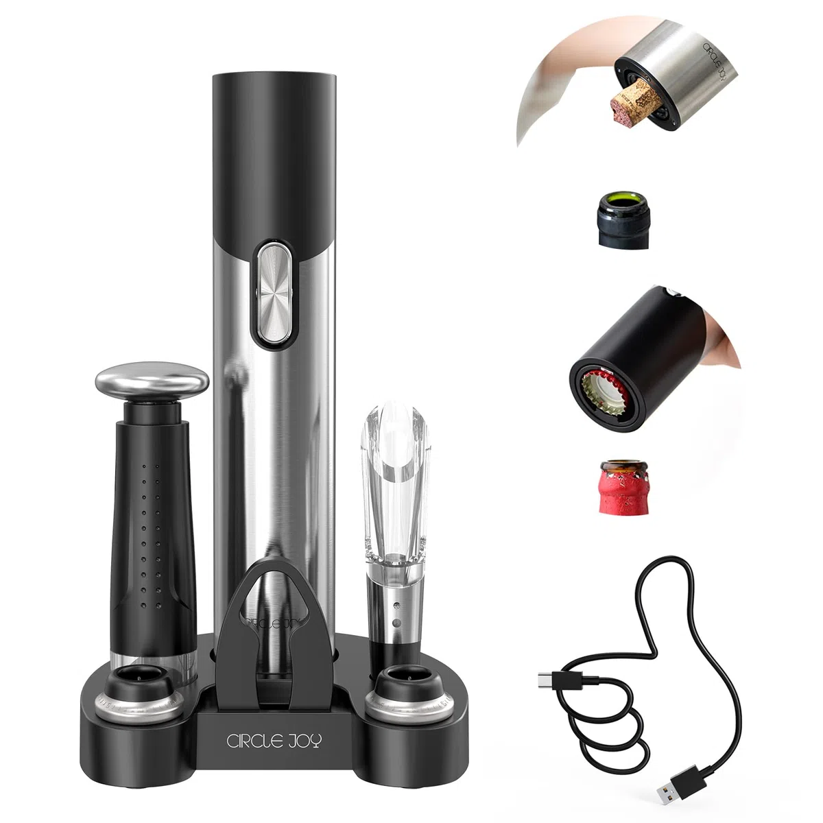 CIRCLE JOY Elektrischer Korkenzieher, 7 in 1, wiederaufladbar, Geschenkset für Wein und Bier, mit Sockel, Folienschneider, Weinbelüfter, Vakuumpumpe und 2 Weinkorken