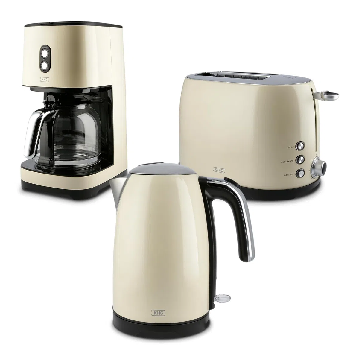 KHG Frühstücksset Wasserkocher Toaster Kaffeemaschine Creme Beige Retro 1,7 Liter 2 Toastscheiben 12 Tassen 360° Sockel