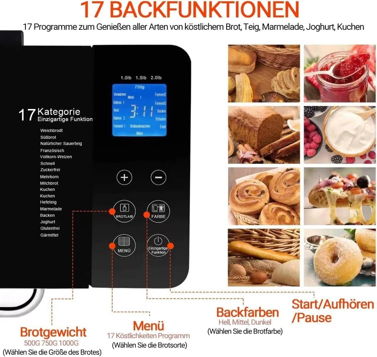 2LB Brotbackautomat, 17-in-1 Quarz Schnellheizer Brotbackautomaten Edelstahl with 2 Paddles, Auto Nut Dispenser, Brotbackmaschine with Keramik-Pfannen, Glutenfrei, 3 Brotgrößen & 3 Backfarben