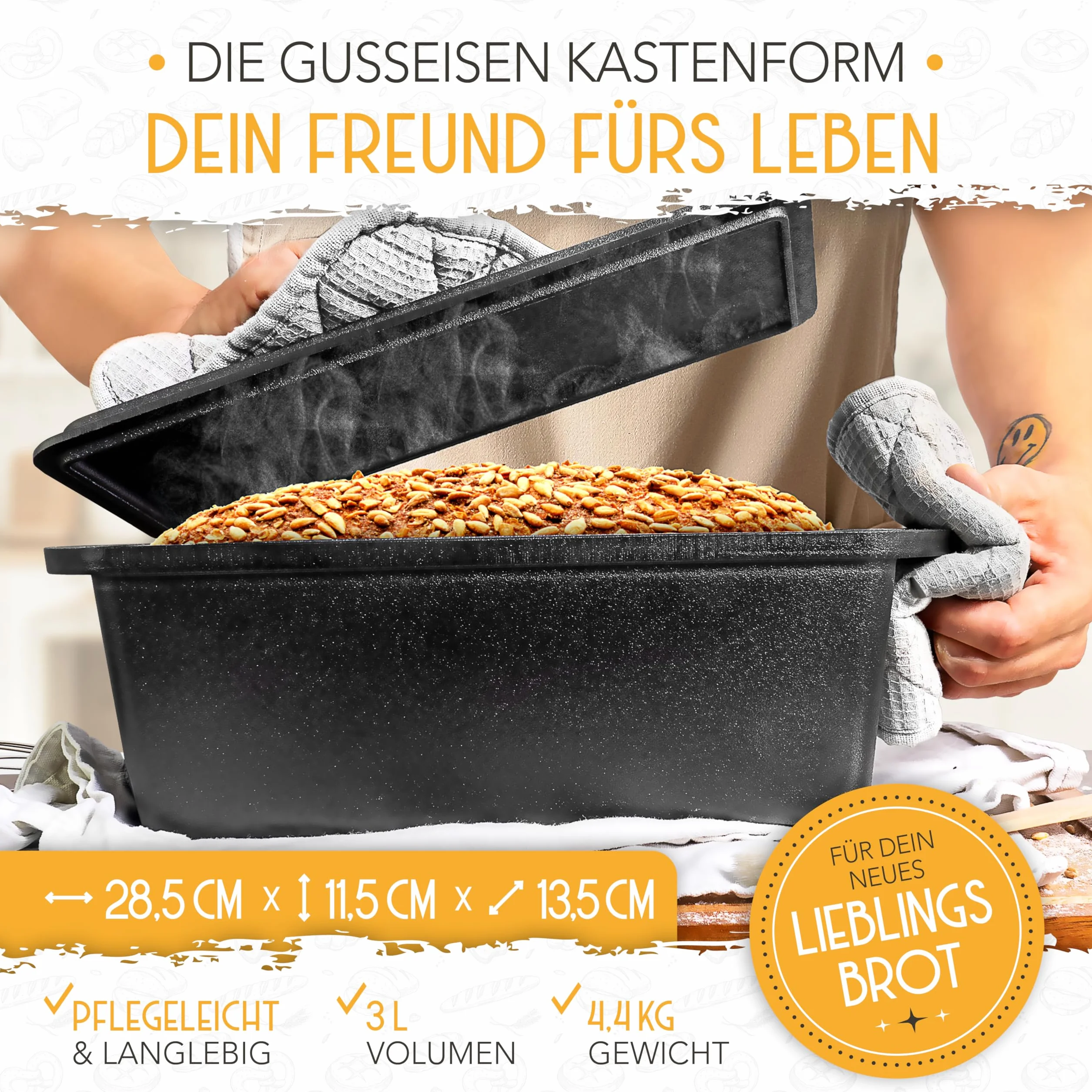 KRUSTENZAUBER Brotbackform mit Deckel inkl. Gärkorb - Robuste 28cm Backform aus Gusseisen - Ideal als Kastenform, Toastbrot Backform, Brotform, Gusseisen Topf Brot backen Zubehör, Brottopf