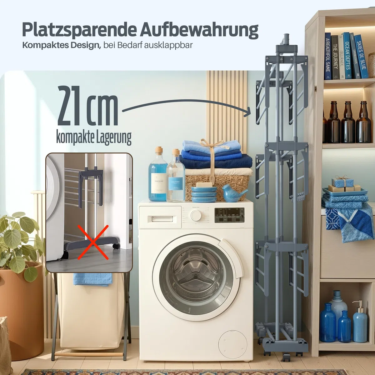 PORTENTUM Wäscheständer Turm klappbar mit 4 Ebenen und 24 Trockenstangen – Bis 40 kg – Wäschetrockner Ständer mit 2 Sockenhaltern – Für Innen- und Außenbereich – Rollen mit Feststellbremse