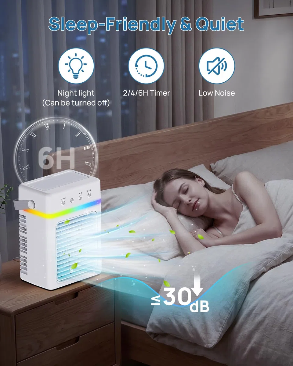 Klimaanlage Mobil 4-IN-1, Mini Mobiles Klimagerät mit 900ML Wasserkühlung, USB betrieben, 3 Geschwindigkeiten & 2 Sprühstufen, 2-6 Stunden Timer, Dimmbare RGB-LED-Beleuchtung, Ideal für Kleine Räume