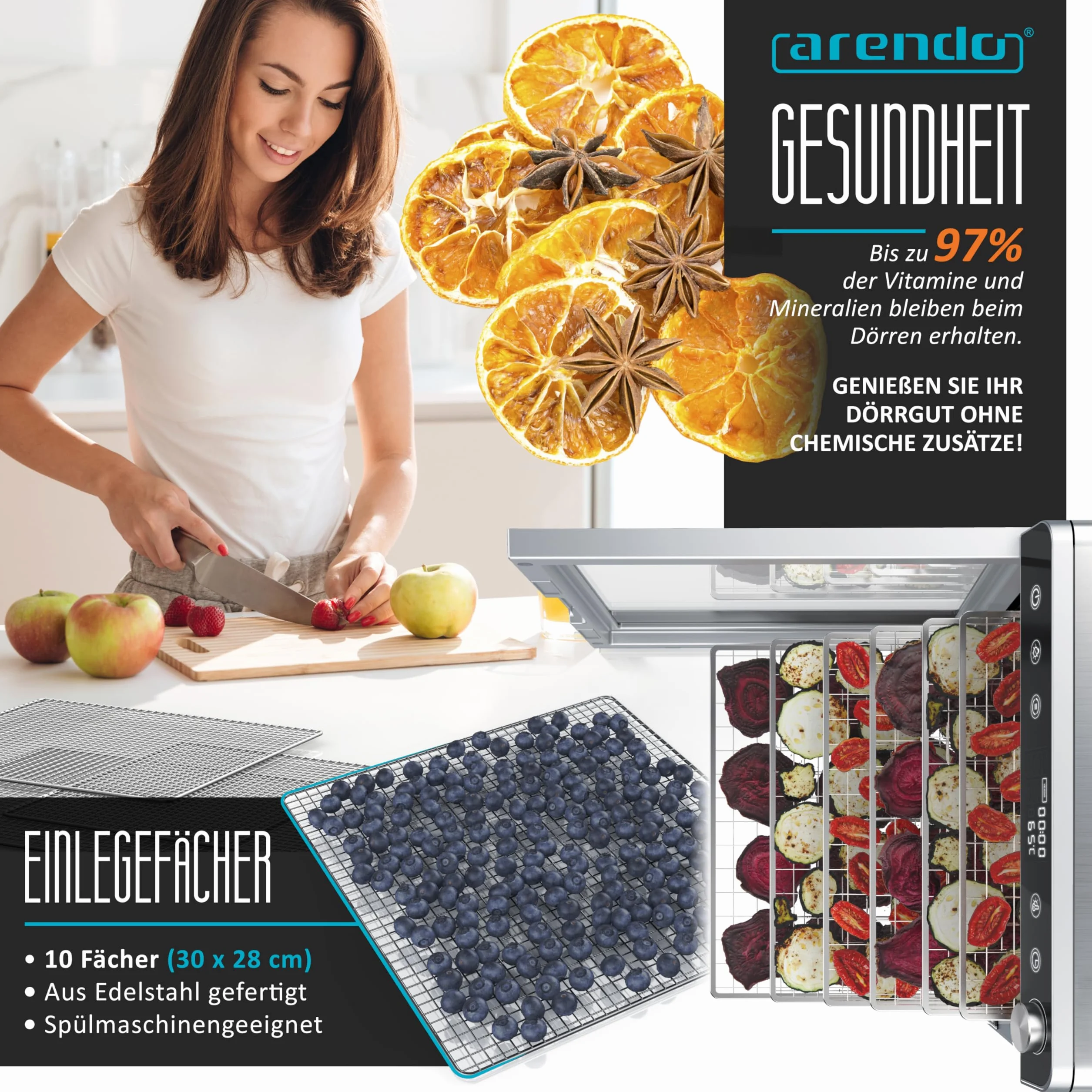 Arendo - Dörrautomat Edelstahl mit 10 Edelstahlgitter - 8400 cm² - Dörrgerät Dehydrator Obsttrockner Dörrapparat - Obst Fleisch Pilze uvm
