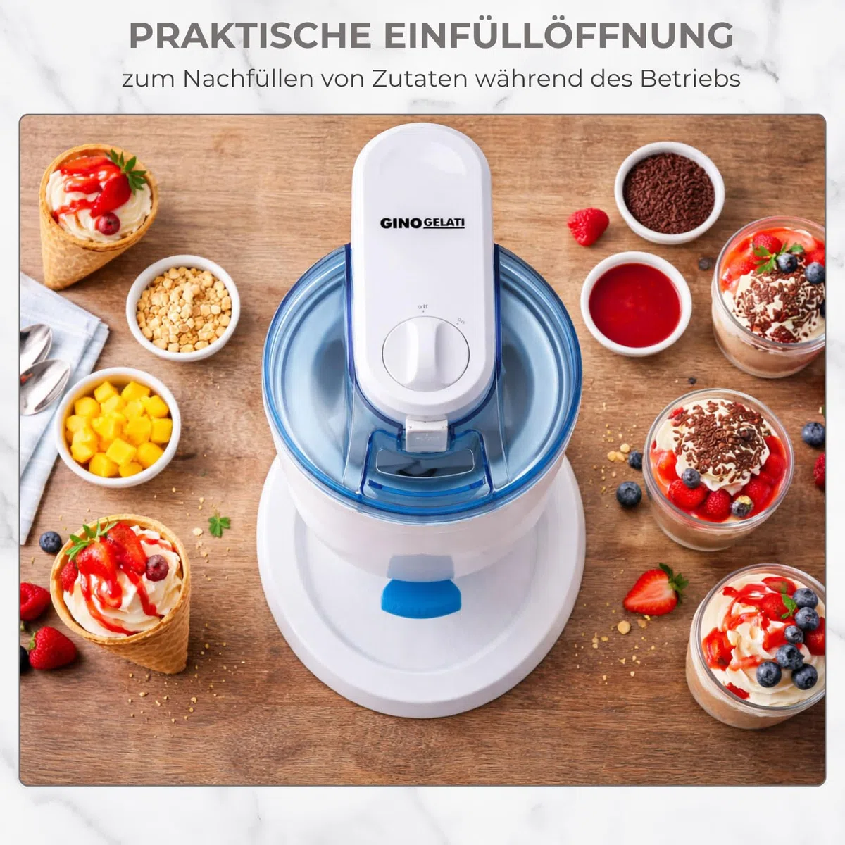 Gino Gelati Softeismaschine | Eismaschine für Zuhause | 1L Kapzität | schnelle Zubereitung ca. 20 Min | einfache Bedienung | ohne Kompressor | Blau/Weiß