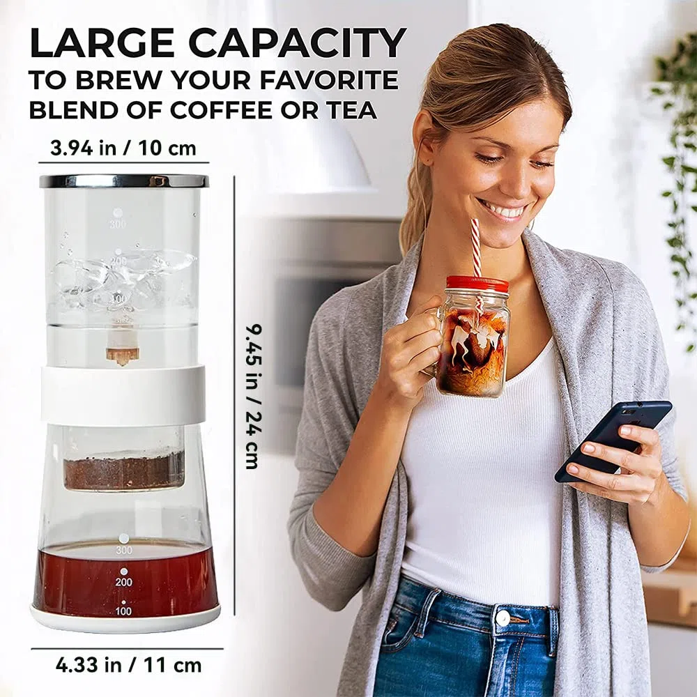 Ice Drip Kaffeemaschine, 400 ml, kaltgebrühter Kaffee, glatter Tropfer, langsamer Kalttropfen, Eiskaffeekonzentrat, Brauer mit einstellbarem Wasserfluss, Edelstahlfilter