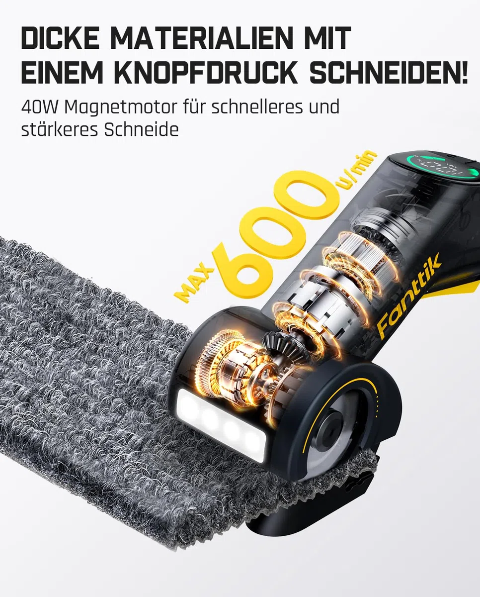 Fanttik C10 Pro BowGuide Elektrischer Kartonschneider, Kalbellose Schere mit LED Anzeige, 2-Geschwindigkeiten, Wiederaufladbarer Rotationsschneider mit Klingen für Stoff, Teppich, Leder, Karton