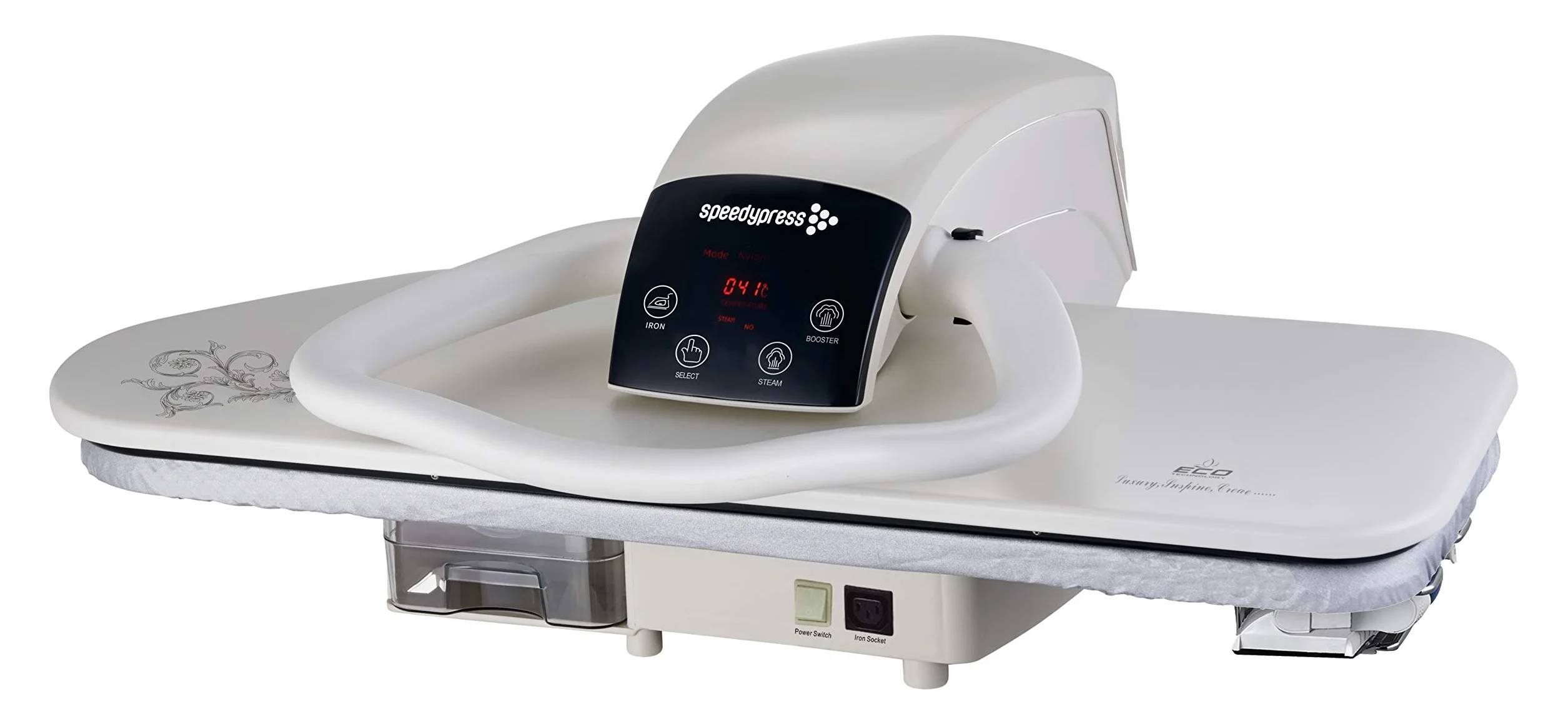 Speedypress Dampfbügelpresse 81HD, weiß, robust, professionell, 81 cm, mit Ständer (+ kostenloser Bügelaufsatz, Antikalk-Wasserfilter, Ersatzbezug und Schaumstoffunterfilz)