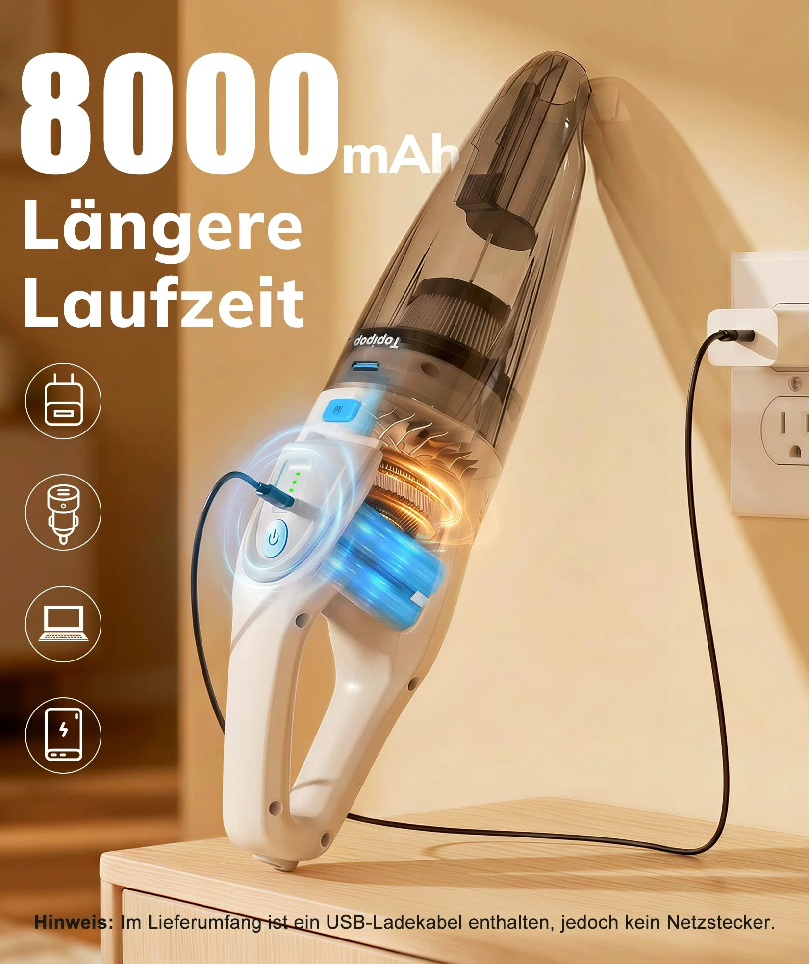 Topipop Handstaubsauger Akku mit 25000Pa Starke Saugkraft,Kabelloser Staubsauger mit HEPA-Filter & Aufsätzen–Leichter Autostaubsauger für Tierhaare,Teppich Haus,Büro,Küche (Weiß)
