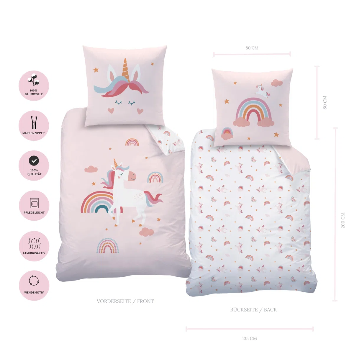MTOnlinehandel Unicorn Bettwäsche Kinderbettwäsche Jugendbettwäsche 135x200 · Regenbogen Einhorn Emma · Wende Motiv · Kissenbezug 80x80 + Bettbezug 135x200 cm · 100% Baumwolle