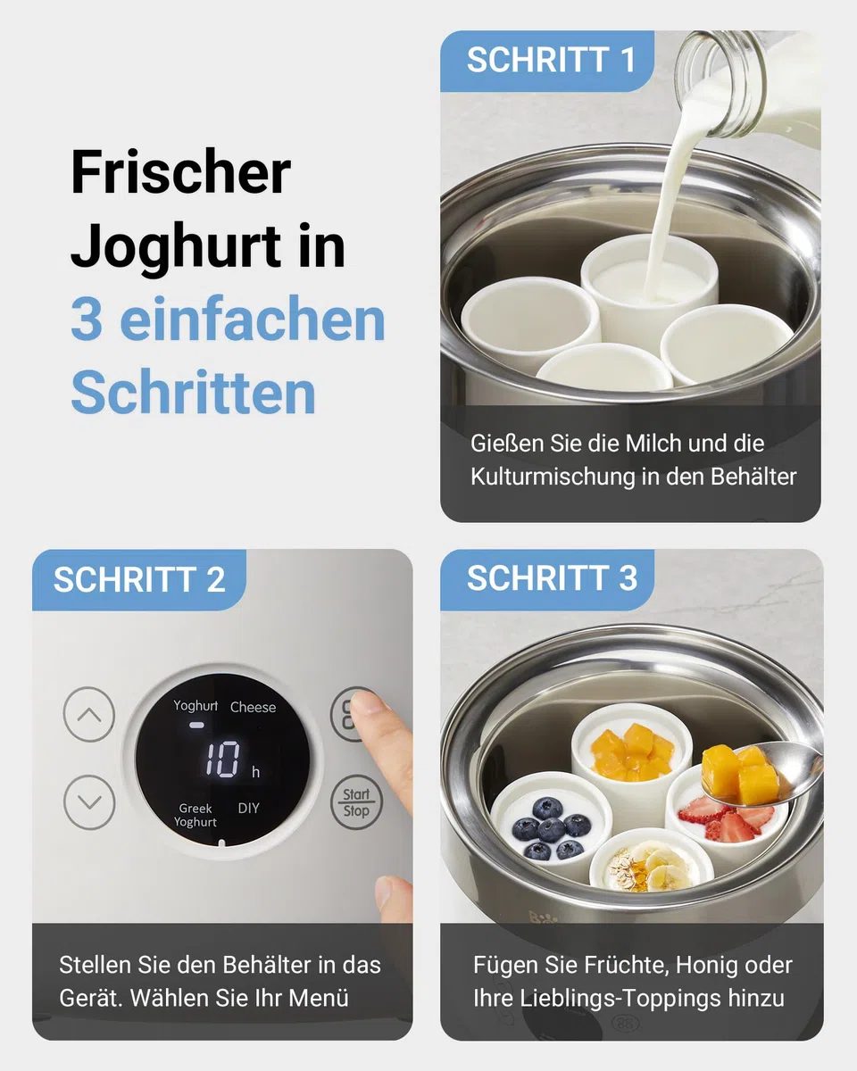 Bear Joghurtbereiter Joghurt- und Frischkäsebereiter, inkl. 4 Keramik Portionsbecher à 125 ml, 2 XXL Glasbehälter à 1 Liter, 4 voreingestellte Programme für Griechischer Joghurt, Käse