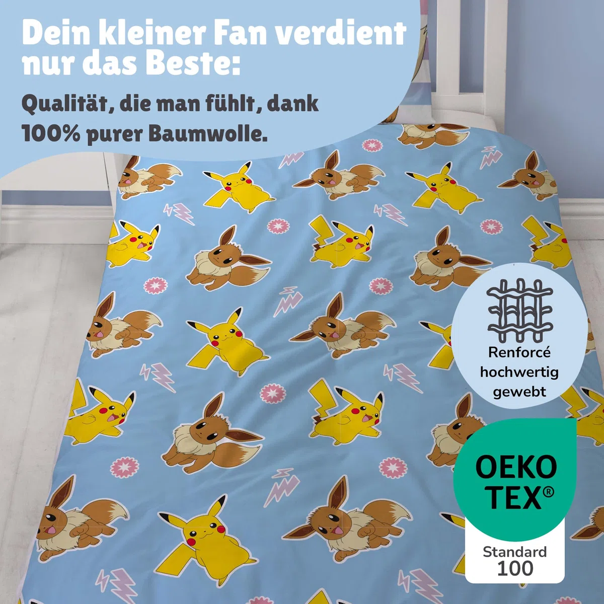 Familando – Pokémon Bettwäsche Set (2-teilig) – Decken- & Kissenbezug 135x200 cm & 80x80 cm mit Reißverschluss – Wendemotiv mit Pikachu & Evoli – 100% Baumwolle – Farbecht & pflegeleicht - Öko-Tex