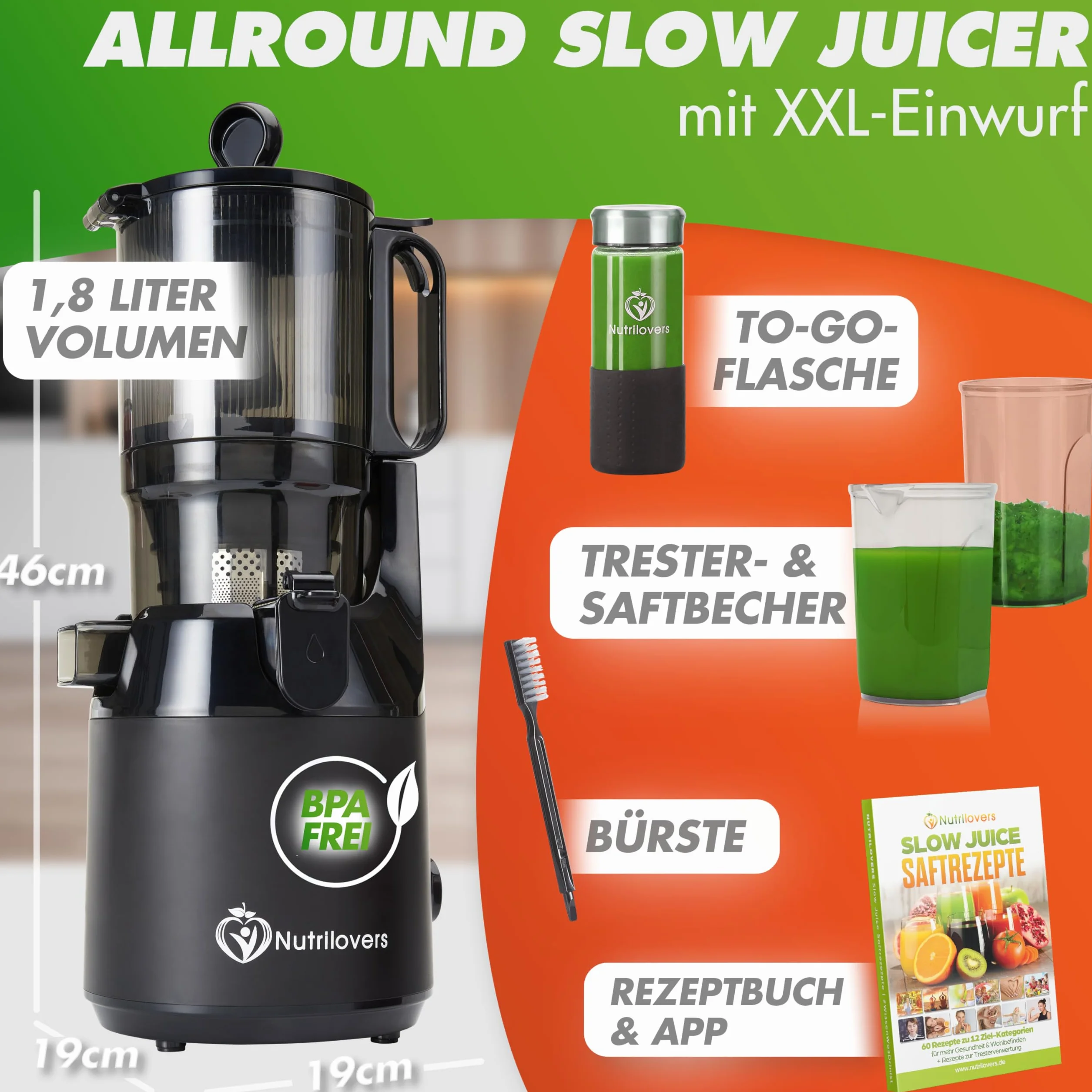 Nutrilovers Slow Juicer NUTRI-PRESS MAX Ganze Früchte entsaften Entsafter mit XXL 135 mm Öffnung, BPA-frei inkl. Saft-Flasche, Slow Juice Rezeptbuch