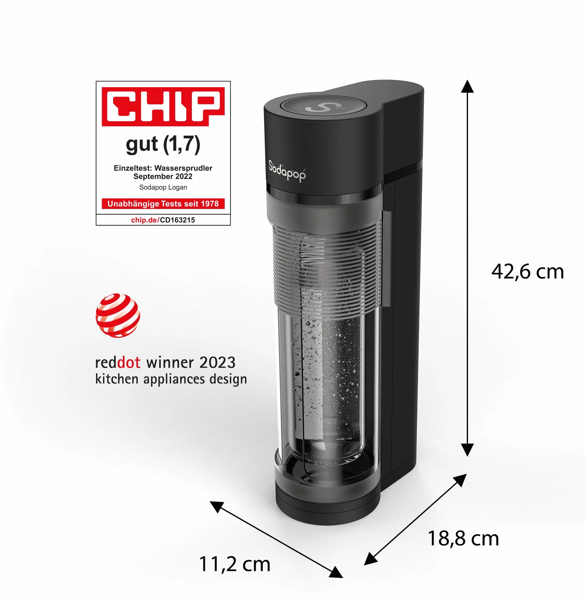Sodapop Wassersprudler Logan, inkl. 2 Glasflaschen (850 & 600 ml) und 1 PET-Flasche (850 ml), Matt Schwarz, Höhe 42,6 cm, ohne CO₂-Zylinder