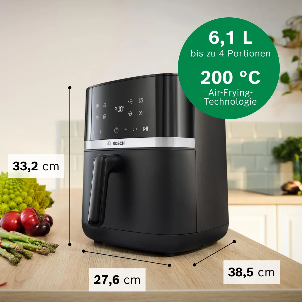 Bosch Heißluftfritteuse Serie 4, XL Air Fryer, schwarz, 6,1 L Fassungsvermögen, 7 Voreinstellungen, Auftau- und Warmhaltefunktion, Touchscreen, bis zu 60% schnelleres Kochen, MAF462B0