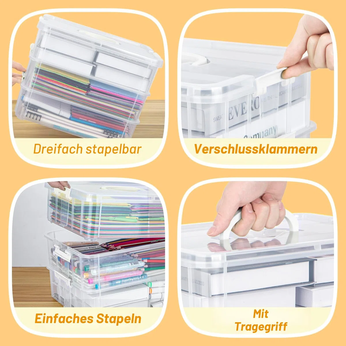 Creahaus 3-Stöckige Aufbewahrungsbox mit Deckel, Stapelbare Aufbewahrungsboxen für Bastelmaterial, Nähkasten, Sortierbox (weiß)