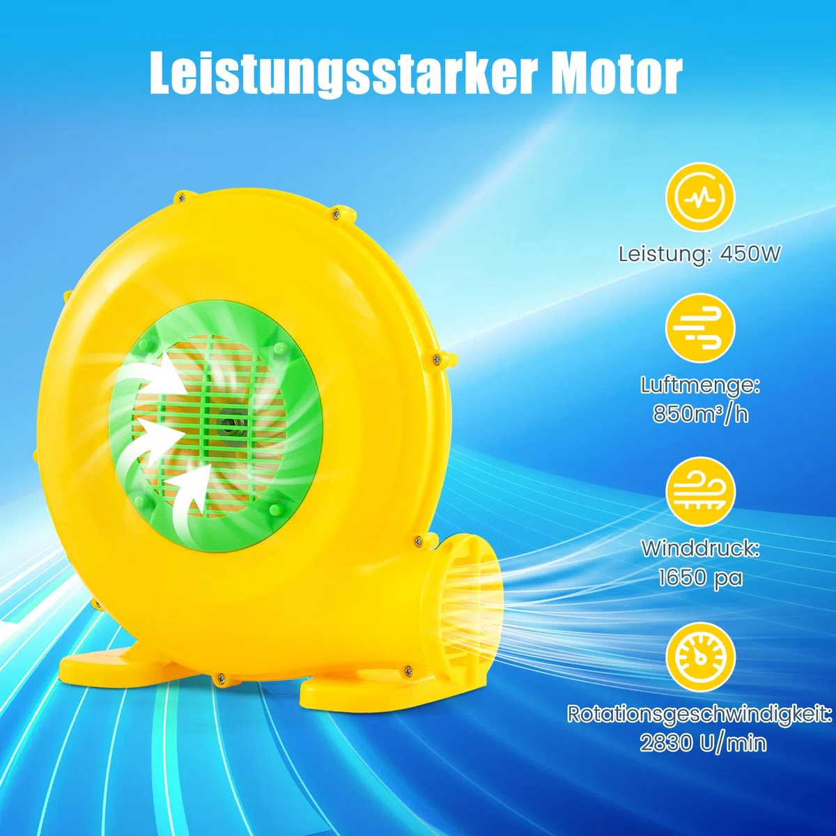 RELAX4LIFE 450W Gebläse Hüpfburg, Luftgebläse mit Praktischem Griff und 2 Erdspießen, Leistung 1650 Pa, Kapazität 850 m³/h, Elektrische Gebläse für Hüpfburgen, Wasserrutschen, Gelb