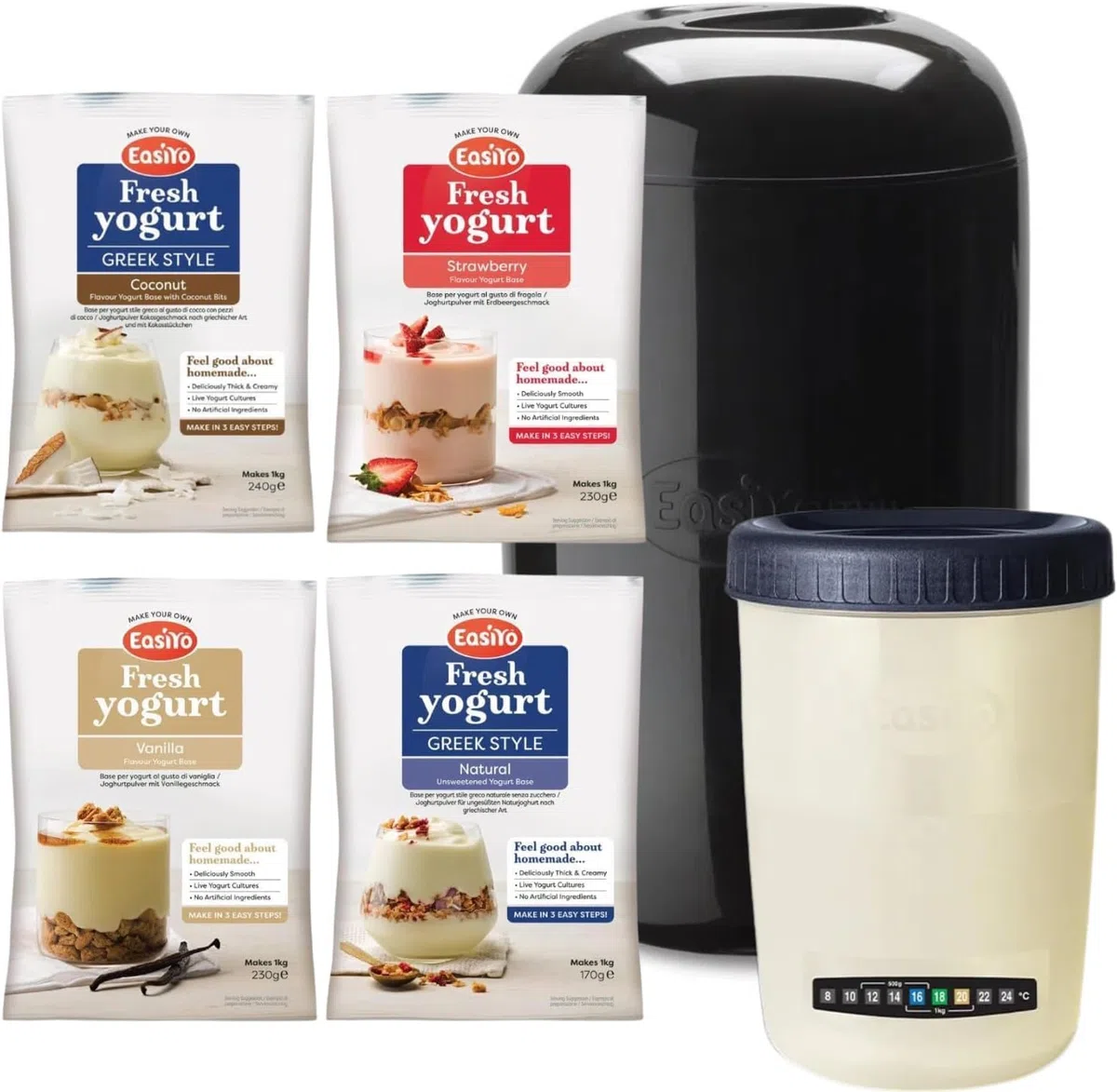 EasiYo Joghurtbereiter Schwarz (1 kg) Starter-Set | Inklusive 4 Joghurt-Sachets: Natur, Erdbeere, Vanille und Griechischer Stil mit Kokosstückchen
