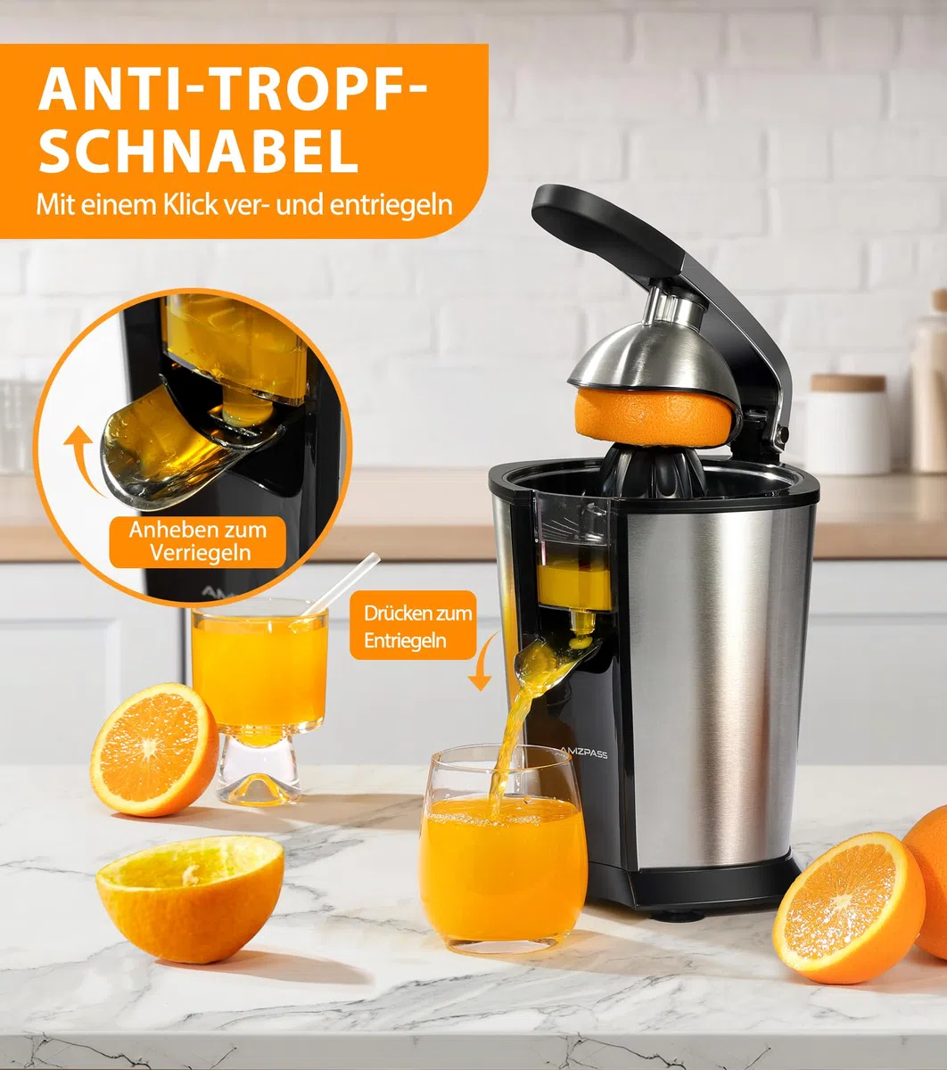 Elektrischer Zitruspresse, Zitrusentsafter mit 2 Aufsätzen und Soft-Griff für müheloses Entsaften, Geräuscharmer Edelstahl-Entsafter für Limette, Grapefruit & Zitrone, Schwarz