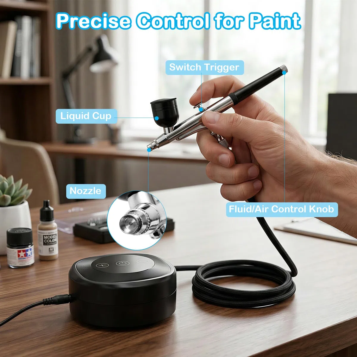 Airbrush Set mit Kompressor, Dual-Action Airbrushpistole mit 3 Druckstufen (25/38/48 PSI), Tragbares Airbrush Kit für Modellbau, Nailart, Make-up, Kuchendekoration & DIY-Projekte