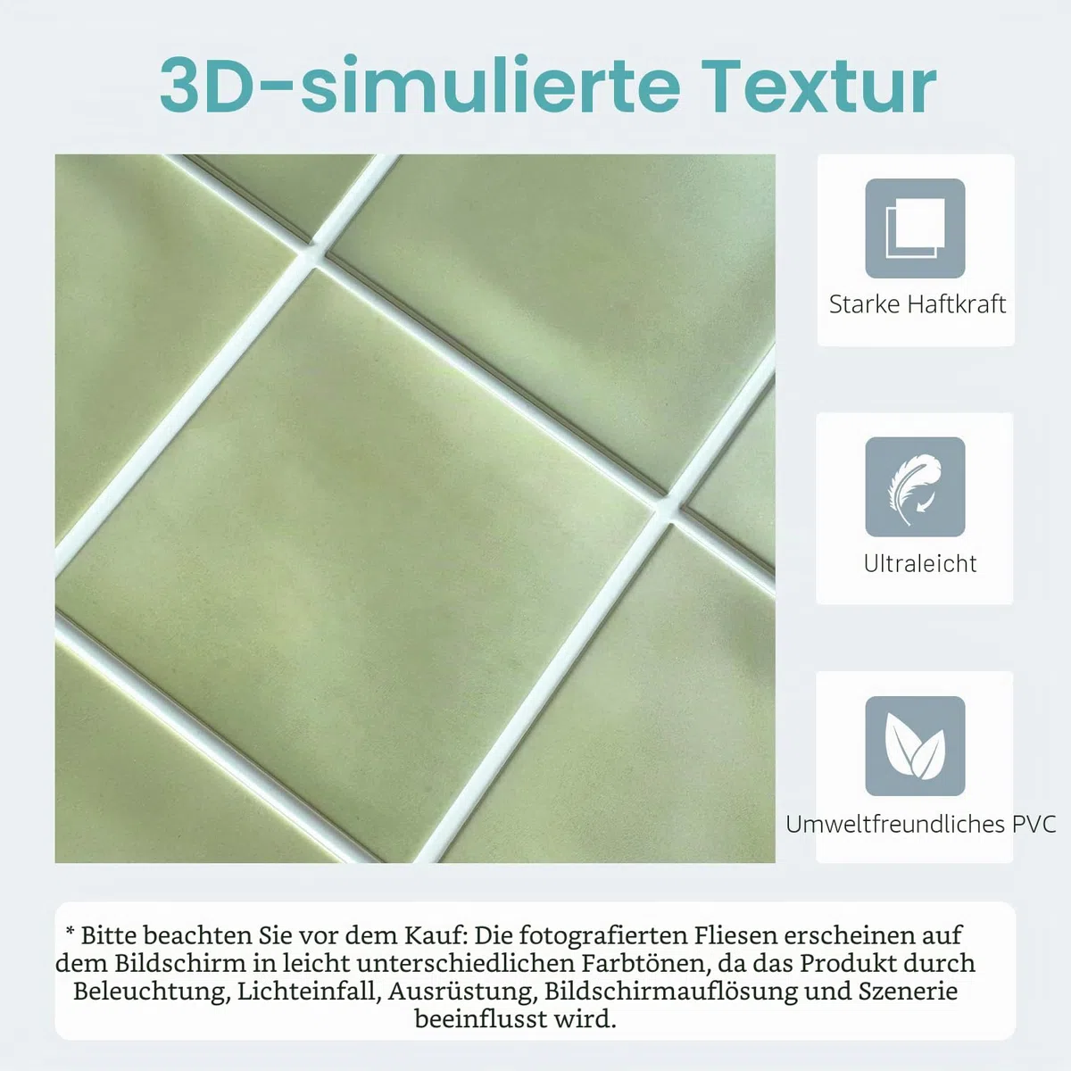 Commomy 3D Selbstklebend Fliesenaufkleber 30 x 30 cm PVC Matt Salbei Grün für Küche Bad Metro Wanddekor