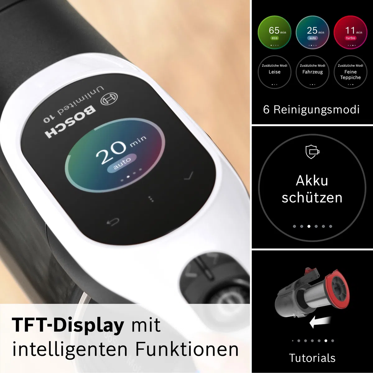 Bosch Akku-Staubsauger Unlimited 10 BTS1042WAC, kabellos, MicroClean Technology, TFT-Display, Staubkomprimierung, HEPA-Filtersystem, 10 J. Motorgarantie, 4 Ah Akku, LED-Licht, Schnellladegerät, weiß
