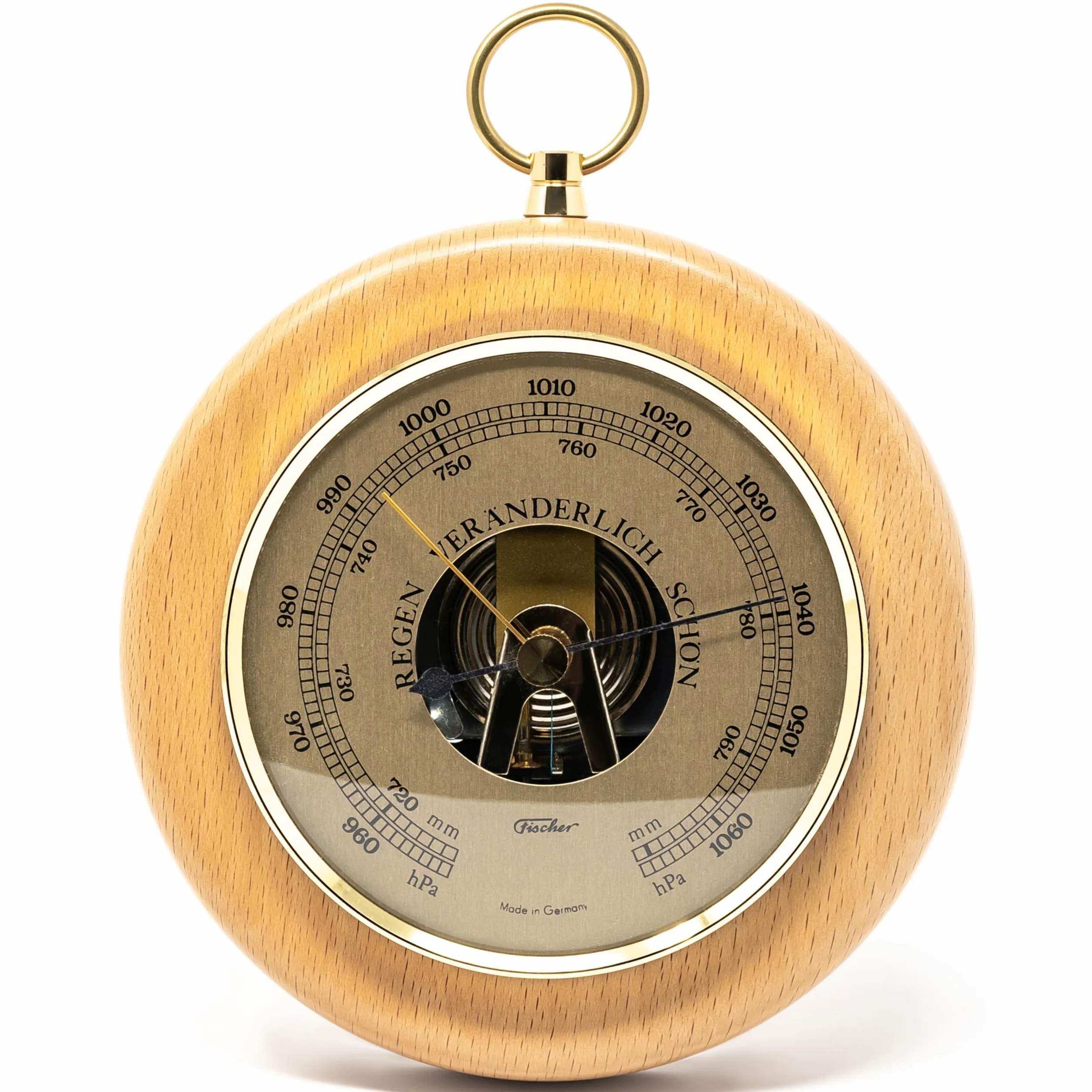 Fischer 1366R-02 Barometer - 140 mm Druckmessgerät mit Buche-Echtholz-Gehäuse gebeizt - Made in Germany
