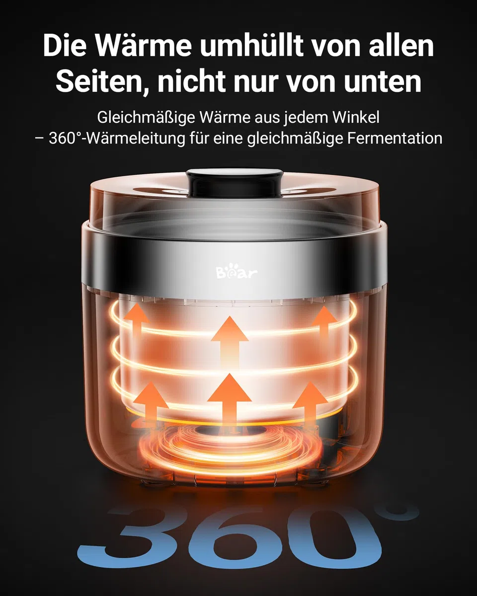 Bear Joghurtbereiter Joghurt- und Frischkäsebereiter, inkl. 4 Keramik Portionsbecher à 125 ml, 2 XXL Glasbehälter à 1 Liter, 4 voreingestellte Programme für Griechischer Joghurt, Käse