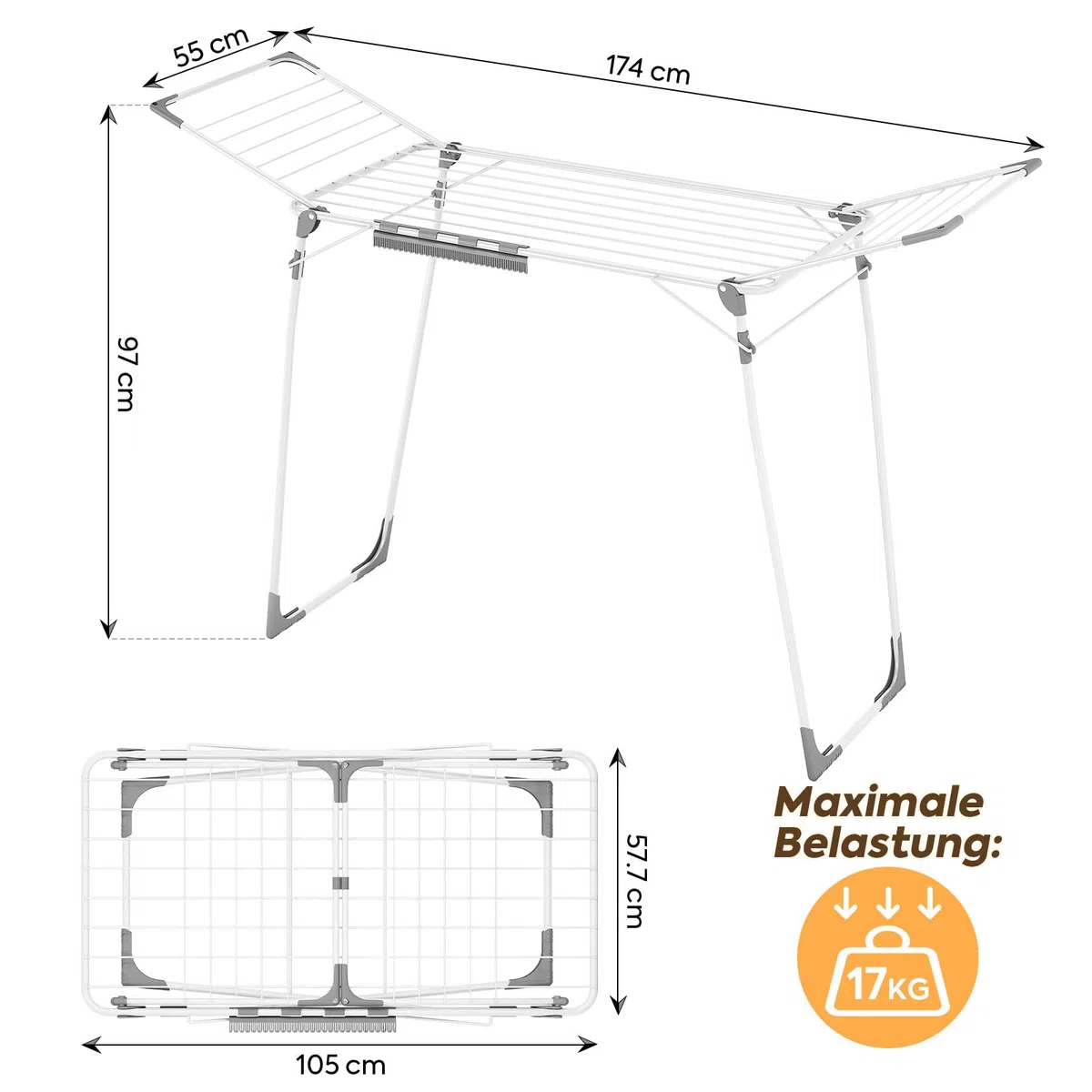 KINGBOARD Wäscheständer klappbar groß, Flügelwäscheständer ausziehbar 174x97x156 cm, Stabiler Wäschetrockner Ständer mit rutschfesten Füßen, Standtrockner faltbar für Innen und Außen, Weiß