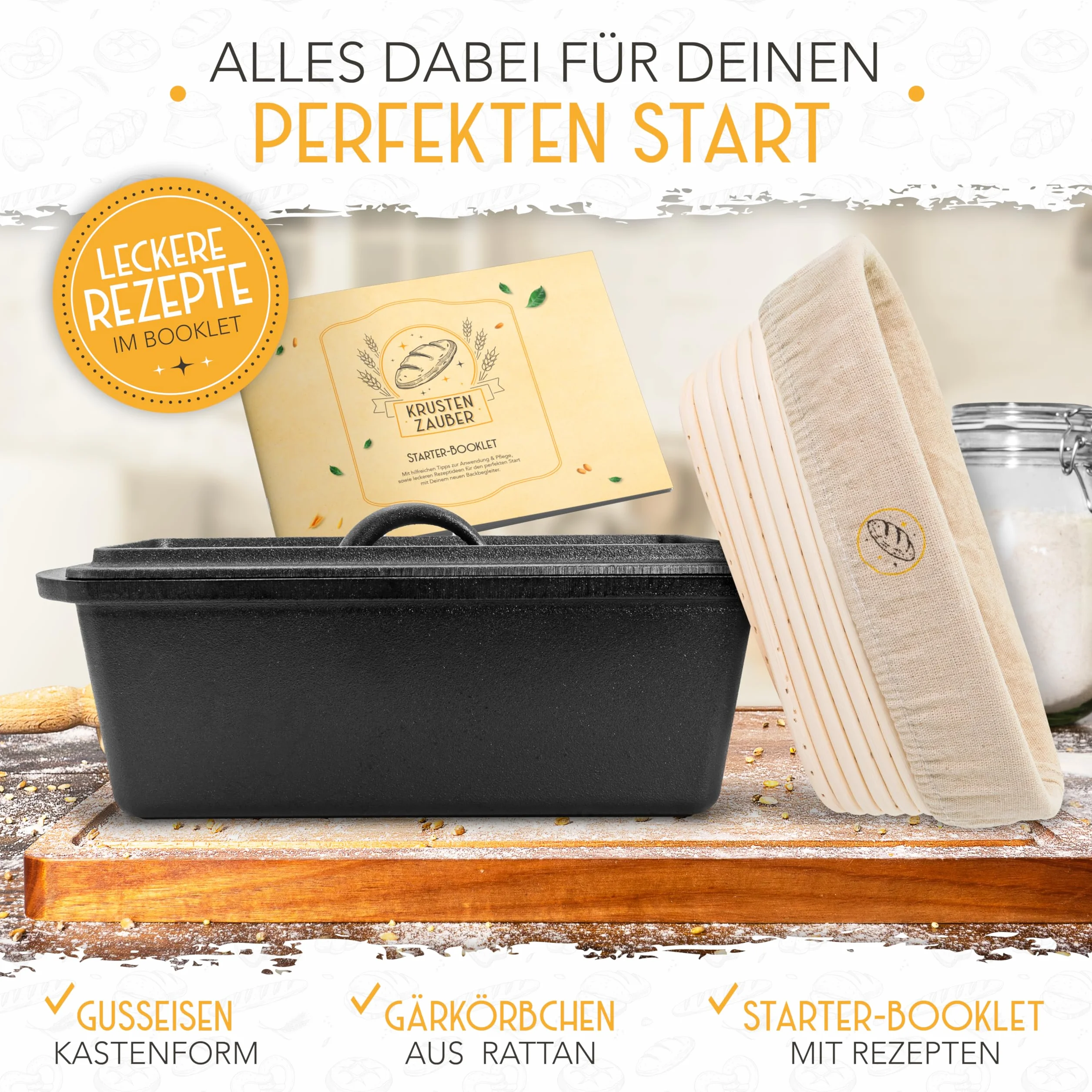 KRUSTENZAUBER Brotbackform mit Deckel inkl. Gärkorb - Robuste 28cm Backform aus Gusseisen - Ideal als Kastenform, Toastbrot Backform, Brotform, Gusseisen Topf Brot backen Zubehör, Brottopf