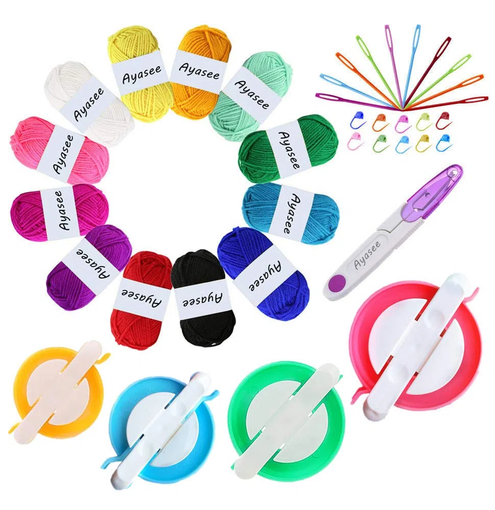 Pompom Maker, 4 Größen Pom Pom Maker für Fluff Ball Weaver Needle Craft DIY Wollstrickwerkzeug Set Dekoration + 12PS Acrylgarn + 10PS Strickstichmarker + 10PS Plastiknadeln + 1PS Schere (37a)