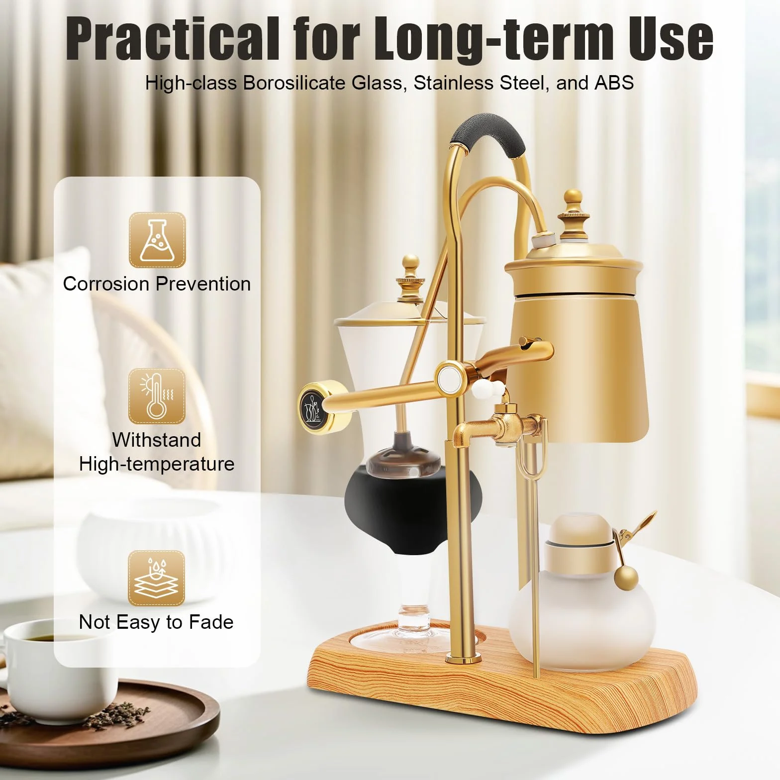 Siphon Kaffeemaschine, 400ml Retro Kaffeebereiter Vakuum Kaffeebereiter Set, 4 Tassen Heimgebrauch Glassiphon Kaffeemaschine Siphon-Kaffeekanne Vintage-Kaffeemaschine - Gold