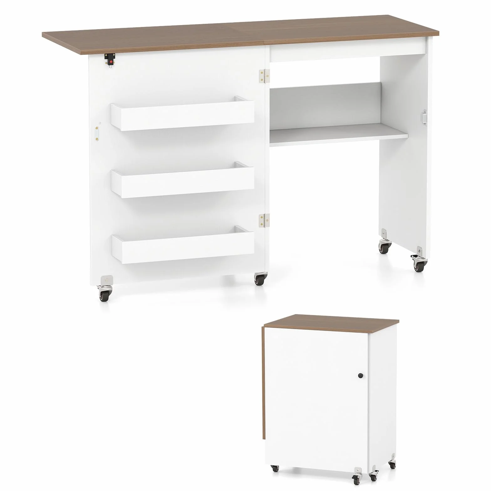 KOMFOTTEU Nähtisch faltbar, Nähmaschinentisch mit Rollen & Ablagefach, Nähmaschinenschrank mit 3 versteckte Behälter, Mobiler Basteltisch für Zuhause, Arbeitszimmer (Weiß+Natur)